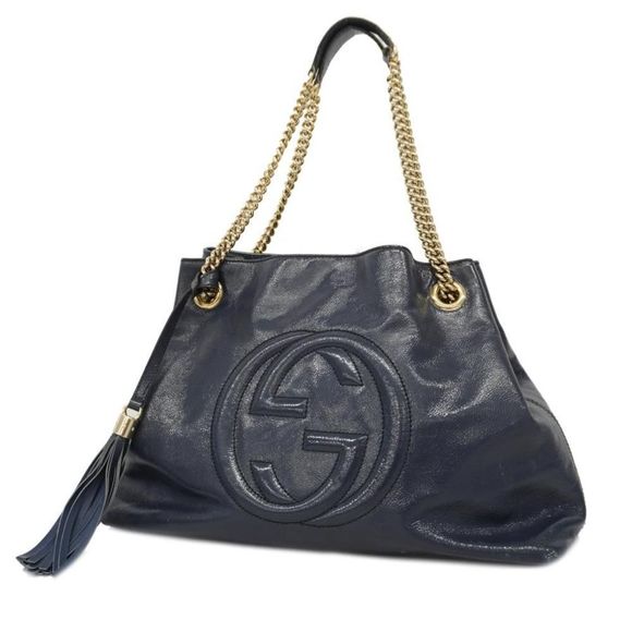 Gucci Soho Hardware Chain Shoulder Leather Navy Gold Shoulder Bag - Picture 1 of 6